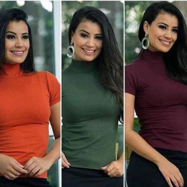 Imagem de blusa feminina malha canelada manga curta gola alta báscia fashion - F