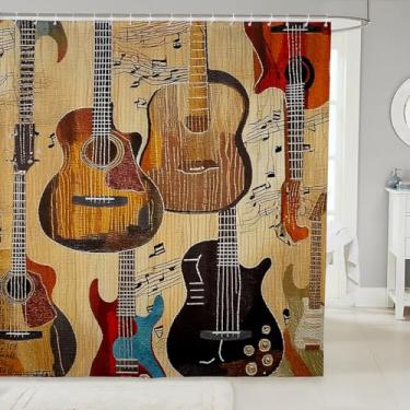 Imagem de Feelyou Cortina de chuveiro para violão, meninos, meninas, música, amante de guitarra, conjunto de cortina de chuveiro para crianças, mulheres, homens, impermeável, rock, música, instrumentos