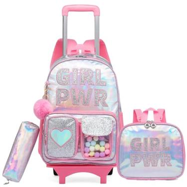 Imagem de ZBAOGTW Mochila com rodinhas para meninas, mochila escolar com rodas, mochila infantil com lancheira para escola primária, Pink Girl Power, Large