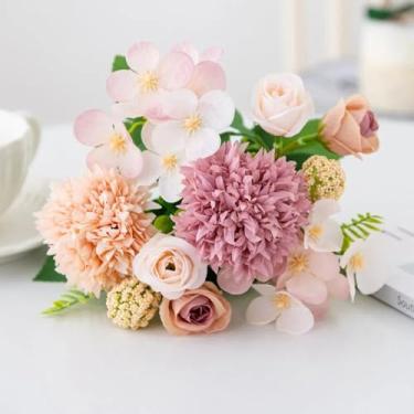 Imagem de Flores artificiais, rosas, crisântemos, buquê de casamento de seda, vaso para casa, guirlanda de festival, festa de jardim, decoração de presente faça você mesmo (4 peças/6)