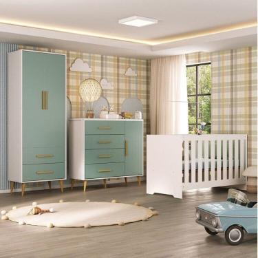 Imagem de Quarto Infantil com Guarda-Roupa 2 Portas 2 Gavetas com Cômoda e Berço Magia Espresso Móveis Branco/Verde