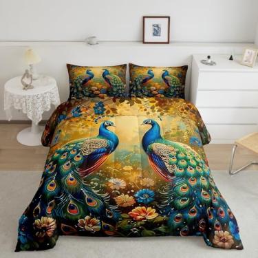 Imagem de jejeloiu Conjunto de cama king size com pavão para adultos, crianças, meninos, meninas, verde e azul, conjunto de edredom floral, 3 peças