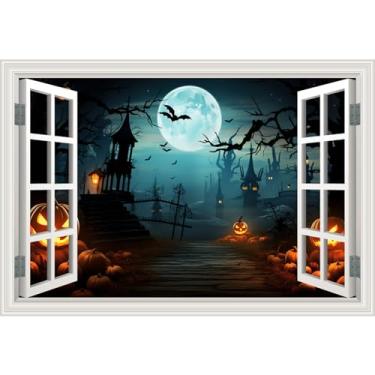 Imagem de Decalques de parede de janela falsa Dia das Bruxas Castelo Abóbora Morcego Visão Noturna Mural Terror Adesivo de Janela Falso Pôster Arte de Parede Aberta, para Decoração de Quarto Escritório Cole e