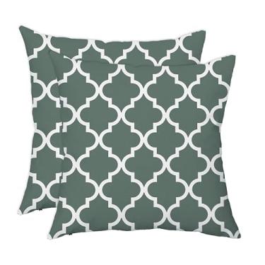 Imagem de TAOSON Pacote com 2, capas de almofada de lona branca para sofá, decoração de casa, decoração moderna, quadrifólio, geométrico, com fecho de zíper oculto, apenas capa 30 x 50 cm, verde, cinza/cinza