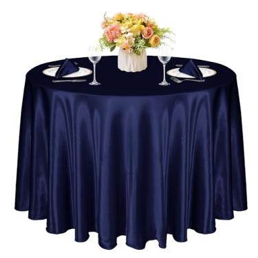 Imagem de KKJIAF 1 pacote com 1 toalha de mesa redonda de 300 cm, cetim azul marinho, toalha de mesa redonda de cetim sedoso para casamento, festa, banquete, restaurante, eventos formais