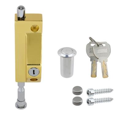 Imagem de WDONAY Fechadura de porta de chão com chaves, parafuso de extensão de porta de liga de zinco com haste, trava acionada por mola para portas de vidro, portas de madeira (ouro)
