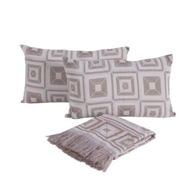 Imagem de Kit 5 Peças Xale Manta Jacquard para Sofá Poltrona com Almofadas Dupla Face e Refil 60% Algodão (Cáqui)