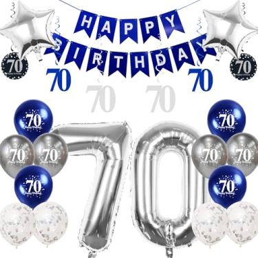 Imagem de Pargleev Decorações de aniversário de 70 anos, balões de alumínio de 81 cm número 70 com decorações em redemoinho, faixa de feliz aniversário e balões de folha de estrela prata