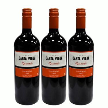 Imagem de Kit 3 Vinho Carmenere Carta Vieja Reservado Chileno 1L