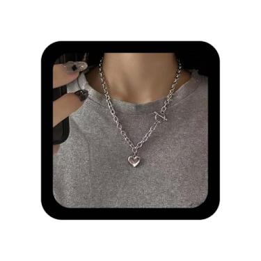 Imagem de Ximdble Colar vintage de coração com pingente de coração, colar punk com clipe de papel, colar de coração de amor, colar de corrente grossa de prata, colar de barra em T para mulheres