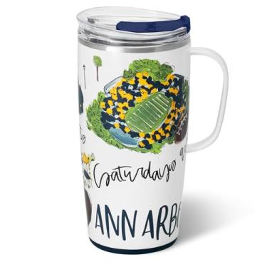 Imagem de Swig Life Caneca de viagem de 623 g, copo isolado com alça e tampa, caneca de café de viagem, compatível com porta-copos, copo de aço inoxidável de 623 g, reutilizável isolado com tampa (sábados em