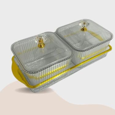 Imagem de Conjunto de Potes em Acrílico, 2 Potes com Tampa Decorativa e Bandeja Dourada, 23 x 11 cm, Transparente, para Doces e Petiscos