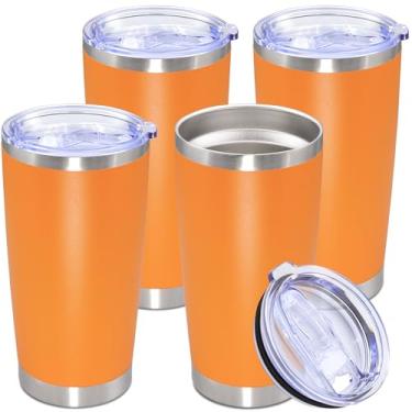 Imagem de Copo de aço inoxidável de 590 ml com tampa, caneca de viagem de parede dupla isolada a vácuo, durável, revestida em pó, caneca para bebidas quentes e frias, laranja, pacote com 4