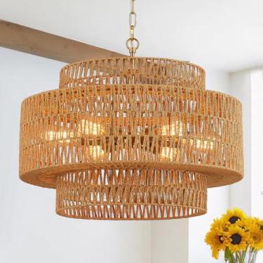 Imagem de Widluth Lustre de vime feito à mão vintage casa de fazenda 6 luzes boho bambu lustre luminária de 59,9 cm retro 3 camadas tambor vime vime vime lustres dourados para sala de jantar, cozinha, sala de
