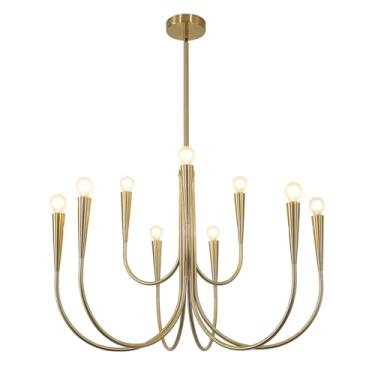 Imagem de Magiroz Lustre de vela dourada com 9 luzes modernas de fazenda grande vintage latão metal vela pendente iluminação rústica industrial candelabro pendurado para sala de jantar MPL26-9 GD