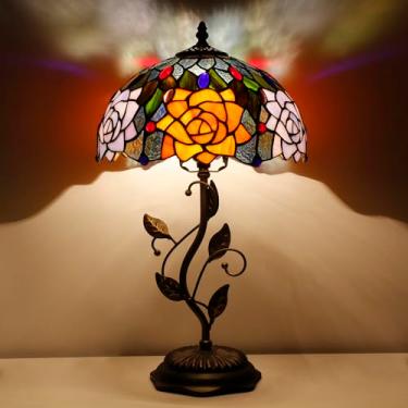 Imagem de AVIVADIRECT Tiffany Candeeiro de mesa de vidro manchado de flor rosa laranja vermelha luz de leitura de cabeceira 30 x 30 x 48 centímetros com base de folha de metal decoração quarto sala de estar