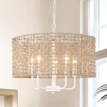 Imagem de Lustre de vime 5 luzes de fazenda Boho luminária pendente para sala de jantar, lustres de tecido marrom e branco para luz de teto, quarto, sala de estar, hall de entrada, ilha de cozinha, litoral