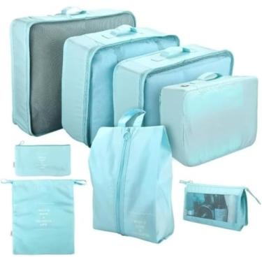 Imagem de Kit Necessaire Organizador de Malas Conjunto Com 8 Peças Dobrável Impermeável Multiuso Bolsas Organizadoras de Roupas, Calçados e Acessórios Unissex Material de Qualidade (azul claro)