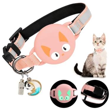 Imagem de Woyinger Coleiras reflexivas para gatos com sinos, rastreador GPS oculto para coleira de gatinho com fivela de segurança AirTag, com etiqueta de nome, à prova d'água para suporte luminoso AirTag