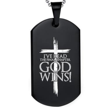 Imagem de DOMYUHAO I've Read the Final Chapter God Wins Christian Faith Cross Dog Tag Colar Presentes para Homens Mulheres - Presentes de Pingente de Casamento Cristão Inoxidável Gravado Personalizada