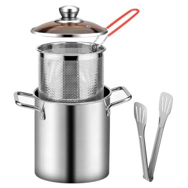 Imagem de ZJRDYYK Frigideira pequena, recipiente de graxa de aço de 3,2 litros para armazenamento de gordura de cozinha com cesta e tampa, panela de fritadeira japonesa Tempura para fritar batatas fritas