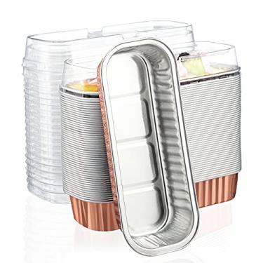 Imagem de EUSOAR Copos descartáveis de alumínio para assar, 50 peças, 192 g, 16,5 x 6,3 x 3 cm, mini formas de bolo com tampas, recipientes retangulares para cupcake, ramequins, creme de cheesecake de sobremesa