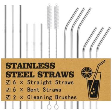 Imagem de Pacote com 12 canudos de metal de aço inoxidável reutilizáveis, adequados para copos de 850 g e 590 ml, 6 conjuntos de canudos retos e 6 curvos, incluindo 2 escovas de limpeza