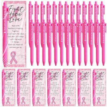 Imagem de Resurhang 60 conjuntos de presentes para cuidados com o câncer de mama, lembrancinhas de festa de conscientização contra o câncer de mama, canetas esferográficas rosa, alfinete, cartões e bolsas