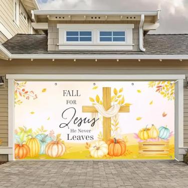 Imagem de HOMETITUTE Faixa de porta de garagem Fall for Jesus 4 x 1,8 m fundo claro cruz abóboras caixa folhas fundo foto outono igreja mural pano de fundo família sazonal ao ar livre quintal exibição adoração
