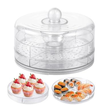 Imagem de Bandeja gelada multifuncional, bandeja de servir dividida em gelo de frutas com tampa, design rotativo de 360° com 4 compartimentos e espaço de gelo inferior da tampa para bandeja de bolo de frutas