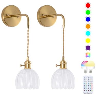 Imagem de Conjunto de duas arandelas de parede vintage operadas por bateria, para ambientes internos, não conectados, luminárias de vidro tulipa branco leitoso, luzes de parede RGB sem fio recarregáveis com