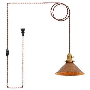 Imagem de Oyisen Plugue de luz para pendurar, lâmpada de pendurar vintage com cobre enferrujado sombra de 20 cm e cordão ajustável antigo fazenda luminária pendente cozinha ilha quarto e sofá