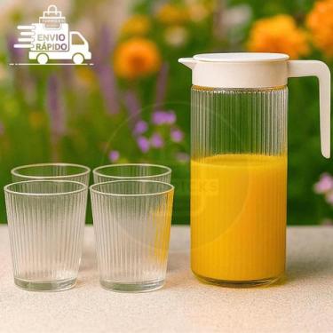 Imagem de Conjunto Jarra De Vidro 1L Com Tampa De Plástico Branca E 4 Copos De V