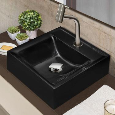 Imagem de Cuba De Apoio Quadrada Com Torneira Inox Curta Válvula Click