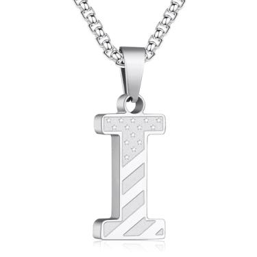 Imagem de Zocomi Colar com pingente de inicial da bandeira americana para homens e meninos, corrente de aço inoxidável 316L A-Z caixa de letras 50 + 5 cm joias presentes, Aço inoxidável, Sem Pedra Preciosa