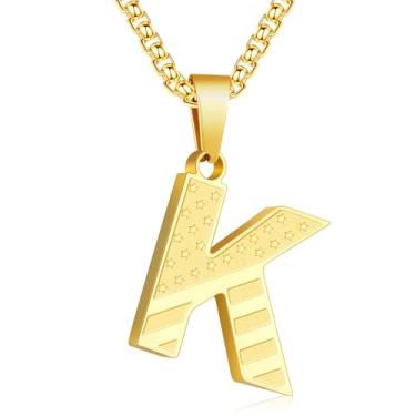Imagem de Zocomi Colar com pingente de inicial da bandeira americana para homens e meninos, corrente de aço inoxidável 316L A-Z caixa de letras 50 + 5 cm joias presentes, Aço inoxidável, Sem Pedra Preciosa