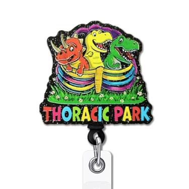 Imagem de YAZMEEN Carretel de crachá de dinossauro engraçado - Parque Torácico - Suporte retrátil para crachá com clipe - Suporte de cartão de identificação acrílico com glitter preto - Presentes para cirurgia