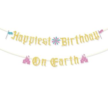 Imagem de Faixa Happiest Birthday on Earth, Pré-Enfiada Faixa com Tema Princesa Decoração para Festa Castelo Princesa para Meninas Festa de Aniversário Infantil Artigos Chá de Bebé