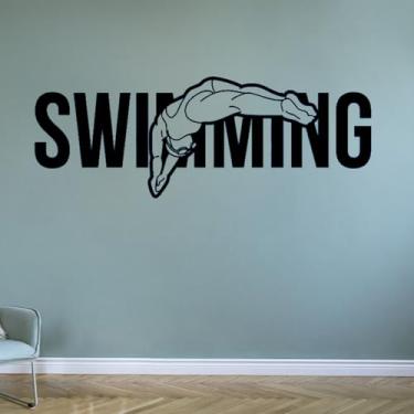 Imagem de Decalque de parede de vinil nadador piscina esportes aquáticos adesivos de parede para decoração de quarto de casa mural papel de parede removível 42 x 144 cm