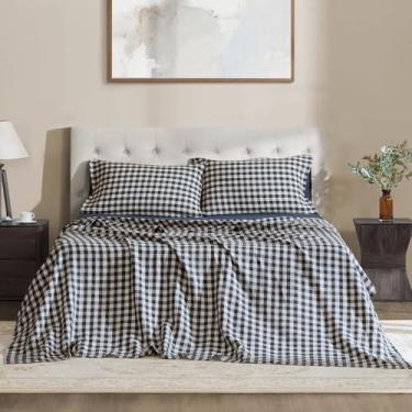 Imagem de DAPU Lençóis de linho Queen, xadrez xadrez xadrez 100% lavado com fecho de envelope, conjunto de lençóis de linho macio com 4 peças, estampa quadriculada geométrica em azul marinho e branco, tamanho