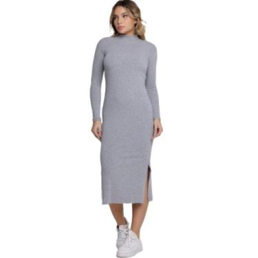 Imagem de Vestido Midi Manga Longa Vekyo Gola Alta Canelado Roupa Feminina Moda 