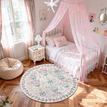 Imagem de Arvenchy Tapete redondo rosa lavável: Tapete circular floral de 1,2 m para sala de estar, quarto, meninas - Tapete Boho macio antiderrapante para quarto de crianças