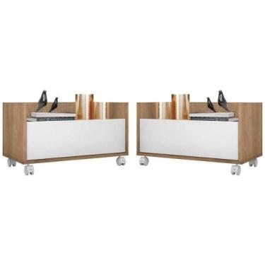 Imagem de Kit C/ 2 Mesas De Cabeceira 80 Cm C/ Rodízios Rustic/branco - MULTIMOV