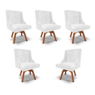 Imagem de Kit 5 Cadeiras Decorativas Sala De Jantar Base Giratória De Madeira Firenze Pu Branco Brilho/natural G19 - Gran Belo