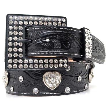 Imagem de Cinto Couro Feminino Fivela Quadrada Strass Para Dia a Dia Country Com Aplicação de Coração