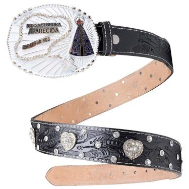 Imagem de Cinto Couro Feminino Fivela Nossa Senhora De Aparecida Terço Strass Boiadeira Muladeiro
