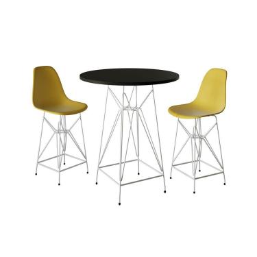 Imagem de Jogo Mesa Bistrô Eames Preta 60Cm 2 Banquetas Amarela Base Ferro Branco - Cor: Preto