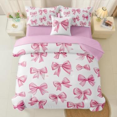 Imagem de DORCAS Jogo de cama de casal com laço em uma bolsa para meninas, 6 peças, conjunto de cama com laço rosa com lençol para crianças