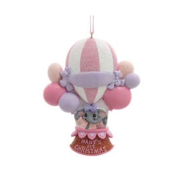 Imagem de Kurt Adler 1st Christmas - Elefante de balão de ar quente - Enfeite de árvore de Natal de resina rosa de 10 cm para personalização