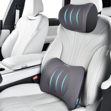 Imagem de FLORICH Apoio lombar com encosto de cabeça de carro, almofada para encosto de cabeça para cadeira, almofada com ponto de massagem de espuma viscoelástica de gel, suporte lombar (cinza)